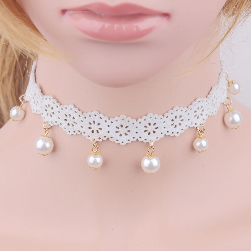 2022 new design Fahion White pearl pendant statement Lace cloth belt chokers necklaces for women