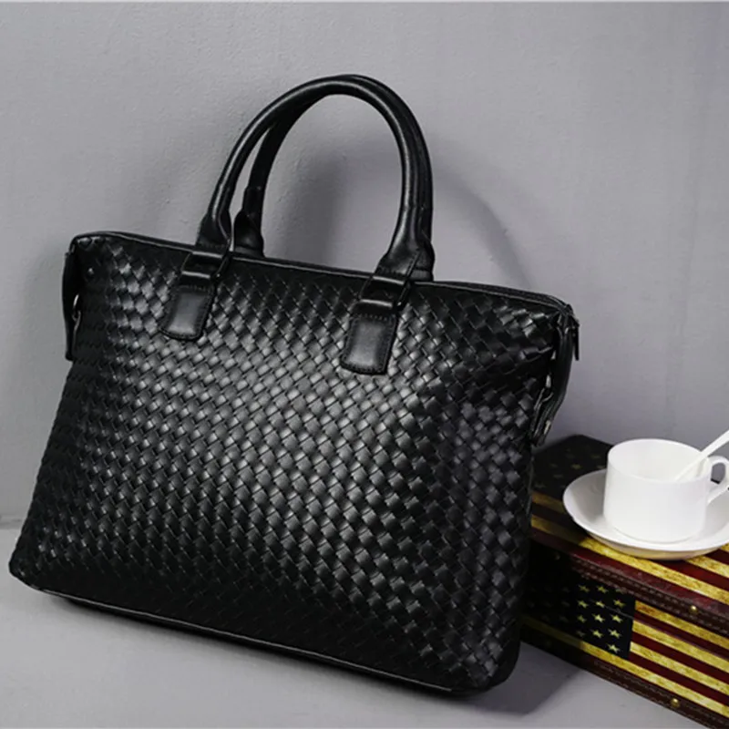 Hand Weaving Laptop Business PU Leather Men Briefcases Handbag Totes Computer Messenger Bags Men Shoulder Bag Male Briefcase