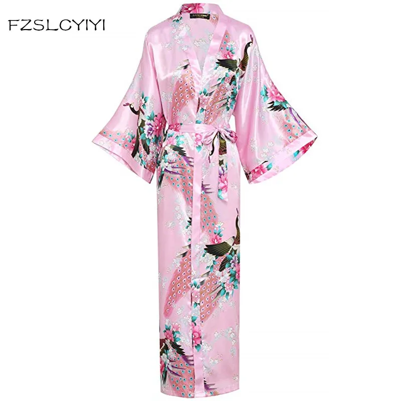 FZSLCYIYI Summer Pink Female Nightgown Kimono Bathrobe Rayon Sleepwear Peacock&Floral Bride Bridesmaid Wedding Robe Gown