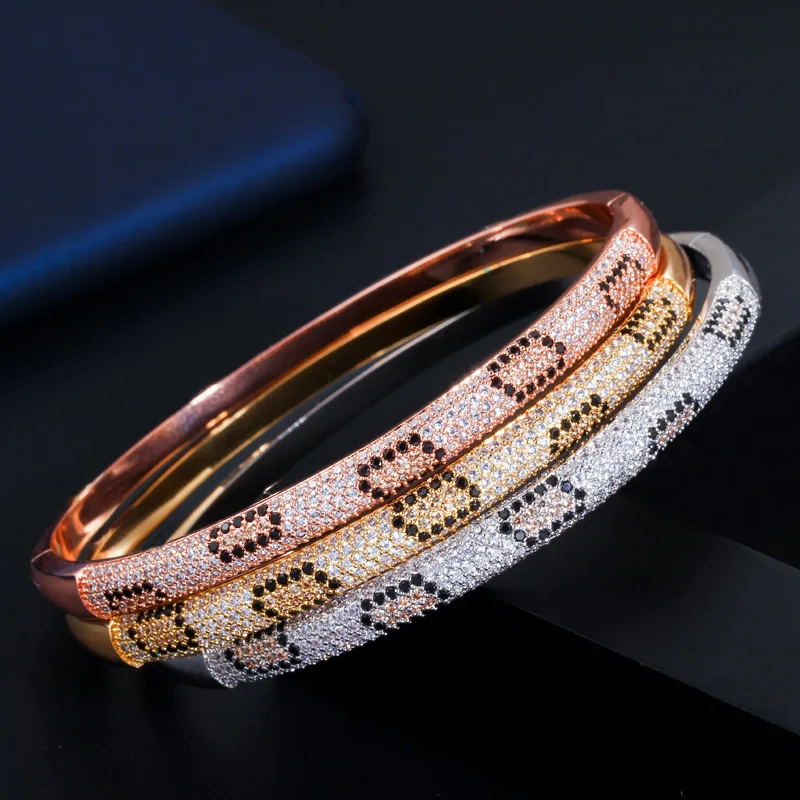 Cwwcyrkon Micro Pave cyrkonia różowe złoto i srebro kolor miłość wąż Leopard otwarta bransoletka Bangle dla kobiet prezent BG032 — zdjęcie 5