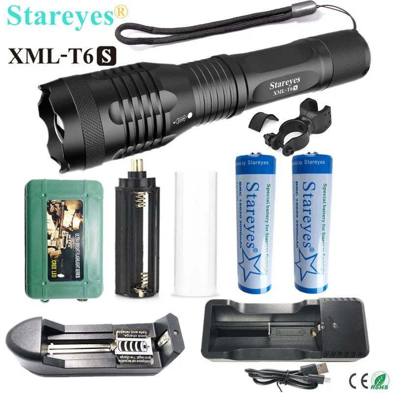 The newest version Ultra Bright XML-T6S 4000LM LED Torch Zoomable LED Flashlight+18650 5000mAh Rechargeable battery+Charger