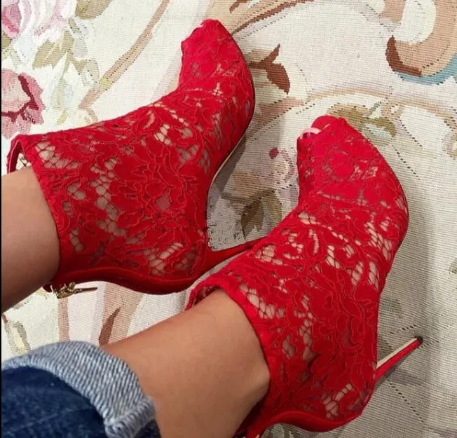 

Red/white peep toe sexy lace floral ankle boots for woman stiletto high heels back zipper spring summer short boots booties