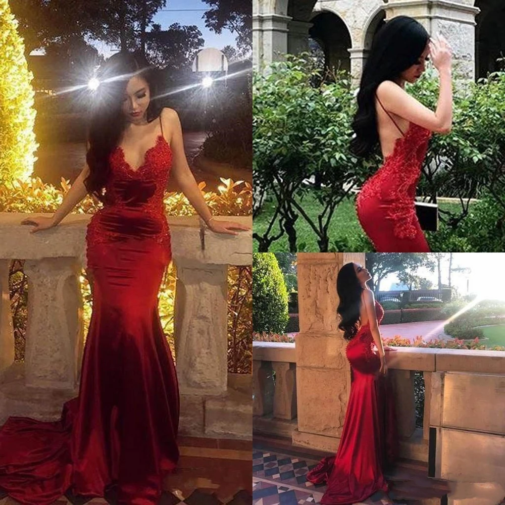 Sexy Arabic Dark Red Backless Mermaid Evening Dresses 2021 Spaghetti Sweep Train Appliques Beads Long Formal Prom Party Gowns