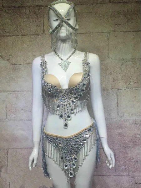 Sommer Neue Frauen Sexy Glänzende Strass Bikini Outfit Party Kostüme Bh Kurze Silber Bikinis Bühne Dance Nachtclub Set