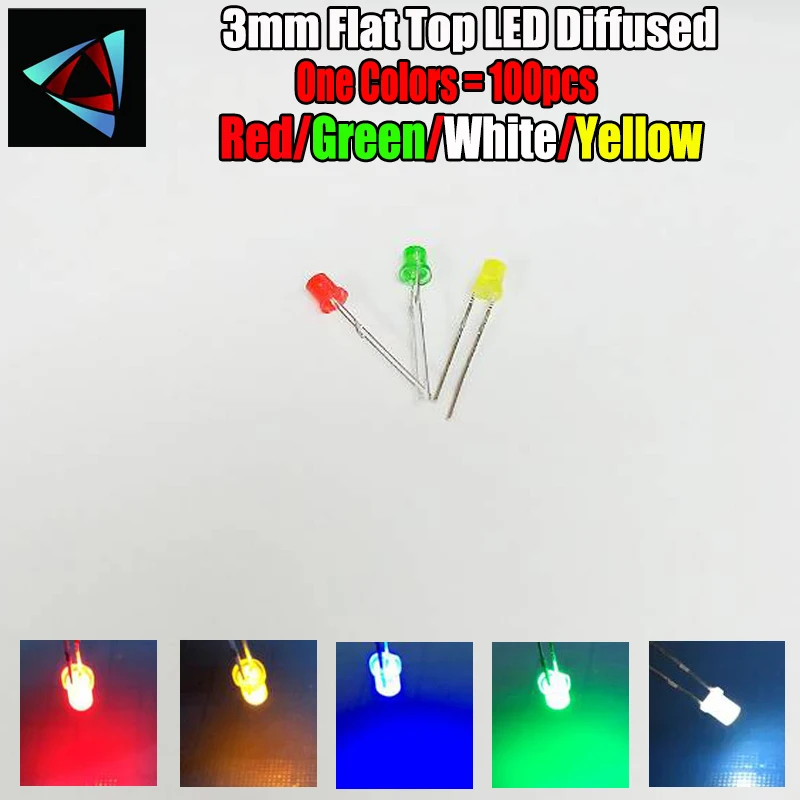 100pcs 3mm 2pins Flat Top LED Diffused White Red Yellow Blue Green Wide Angle light emitting diode lamp