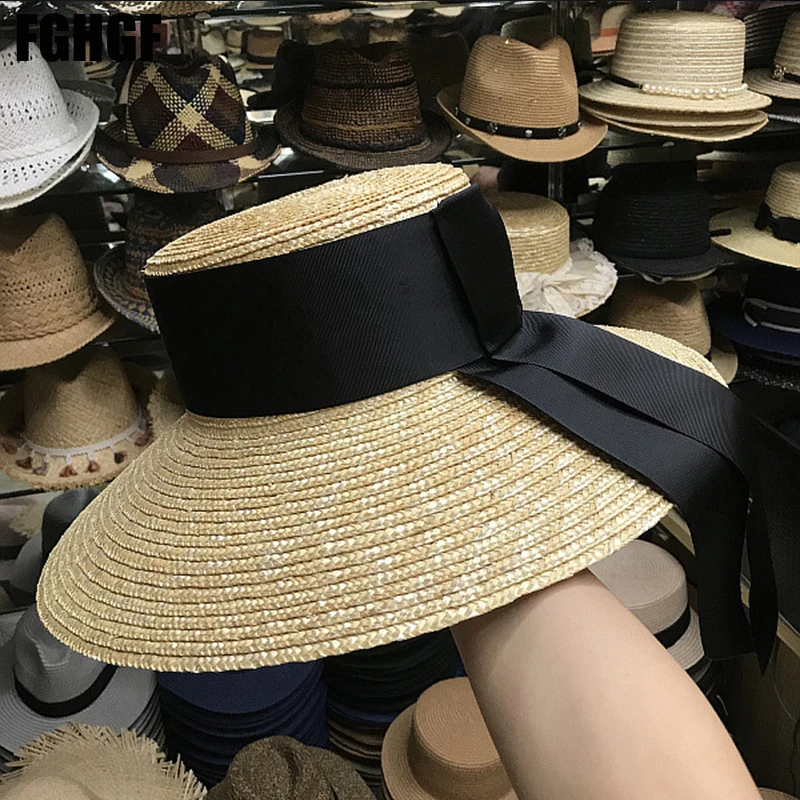 Natural Women Sun Hats Black Ribbon12cm 15cm Flat Top Large Wide Brim Straw Hats Straw Hat Chapeu Sombrero Beach Hats