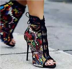 Fashion Crystal Covered Comic Open Toe Booties Lace Up High Heels Summer Sandals Boots Multicolor Diamond Sexy Ladies Stiletto