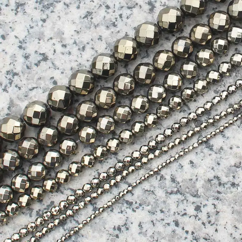 2-12mm Hematite Plated Pyrite  Faceted Round Beads 15