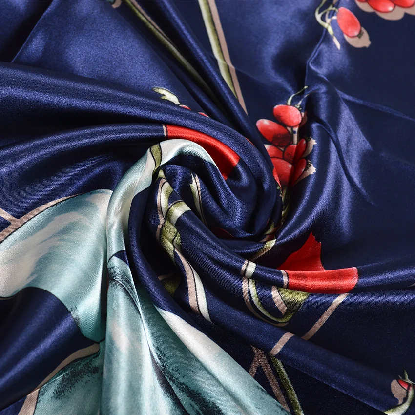 [BYSIFA] Women Navy Blue Satin Square Scarves Wraps New Brand Silk Scarf Shawl Spring Fall Floral Ladies Neck Scarf Cape 90*90cm