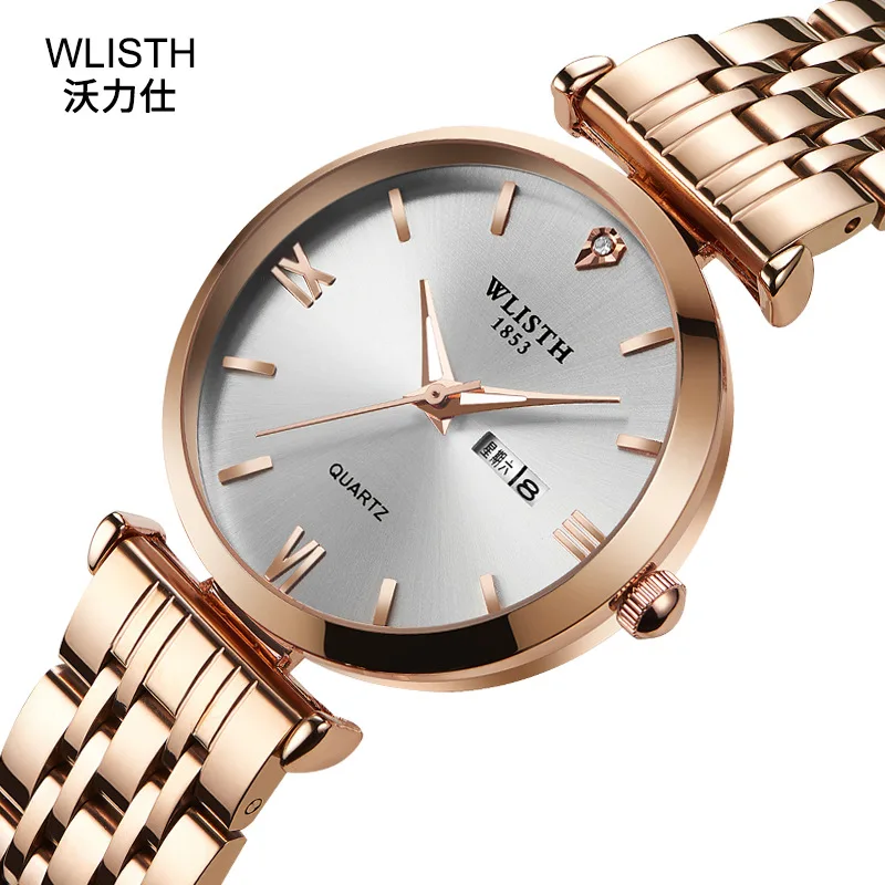 Wlisth-reloj de cuarzo informal para hombre y mujer, cronógrafo de pulsera de acero inoxidable dorado de lujo con fecha en inglés para negocios