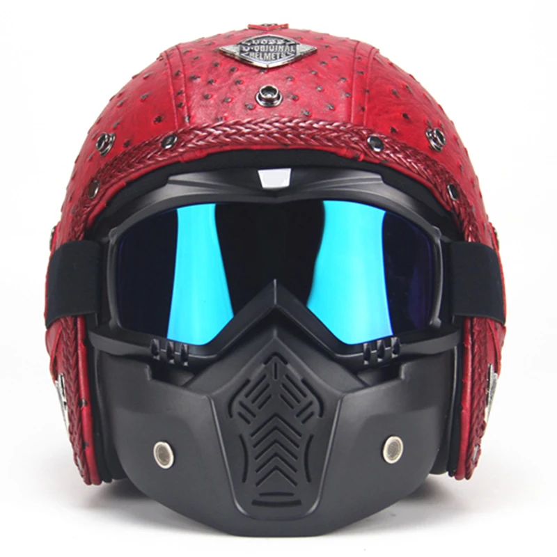 Free shipping PU Leather Helmets 3/4 Motorcycle Chopper Bike Helmet Open Face Vintage Motorcycle Helmet with Goggle Mask