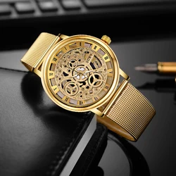 SOXY Luxury Skeleton Watch Men Watch Fashion Gold Watch Men Stainless Steel Clock Men's Watch reloj hombre relogio masculino