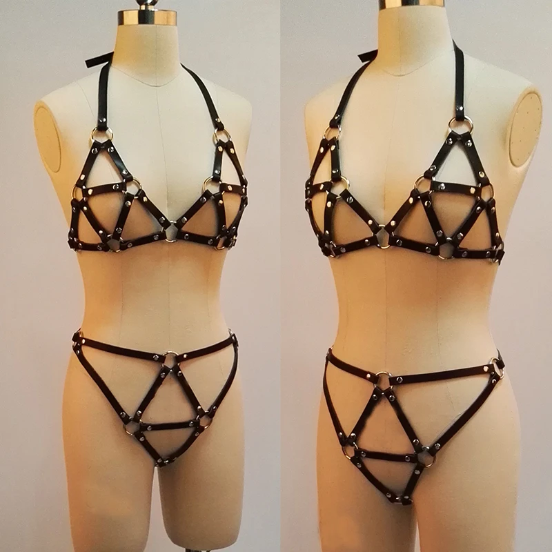 100% Handcrafted Women Sexy Leather Bra Bralet Sets Punk Gothic Bondage Leather Harness Frame Caged Belt Top Panty Thong