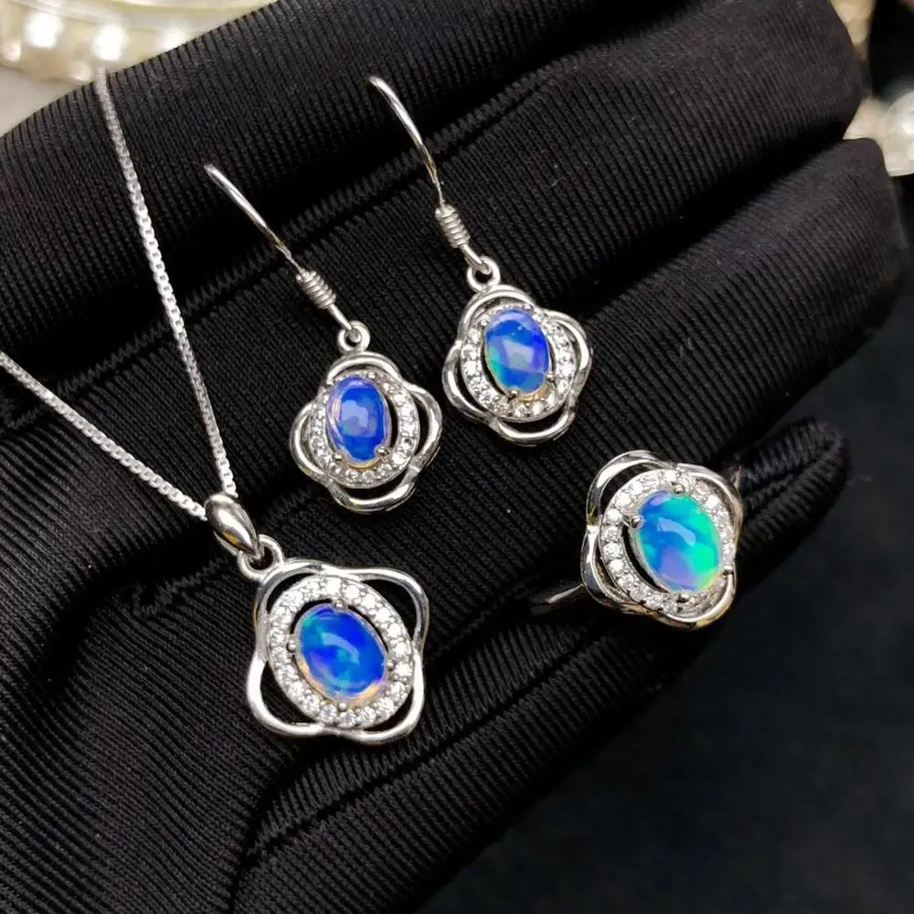 

hot Natural opal gemstone necklace and earrings jewelry set including necklace ring earrings real 925 silver present chain gift