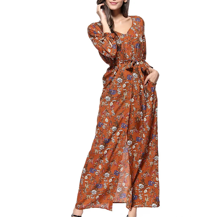 Summer Print Chiffon Bohemian Dresses Women Beach V-Neck Wrist Sleeve Sashes Pocket Slit Long Party Dress Boho Vestidos 2019