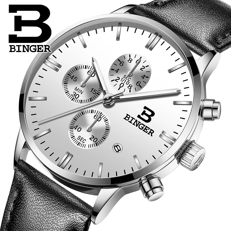 Genuine BINGER Quartz Male Watches Genuine Leather Watches Racing Men Students Game Run Chronograph Watch Male Glow Hands 2017