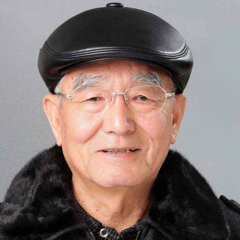 HT2059 High Quality Leather Beret Cap Men Autumn Winter Hats for Men Elder Man Warm Dad Hats with Earflap Flat  Cap Beret