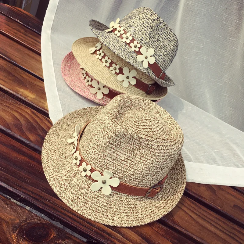 

Straw Hat Summer Sun Mixed Color Curling Small Straw Hats Daisy Leather Belt Sunshade Jazz Caps Sunshine Girl Fashion Cap H127