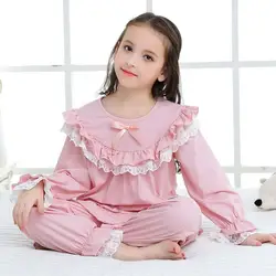 Newest Girls Pajama Set Kids Home Cloth Pyjamas Cotton Long Sleeve Lace Cute Princess Nightgown Retro Sweet Sleepwear Y1254