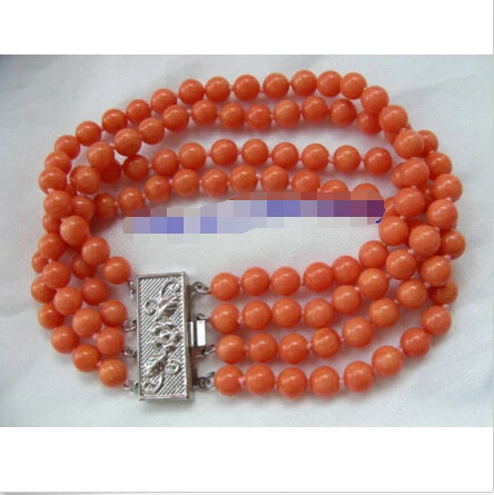 

Stunning 4rows 6mm round crude pink coral bracelet