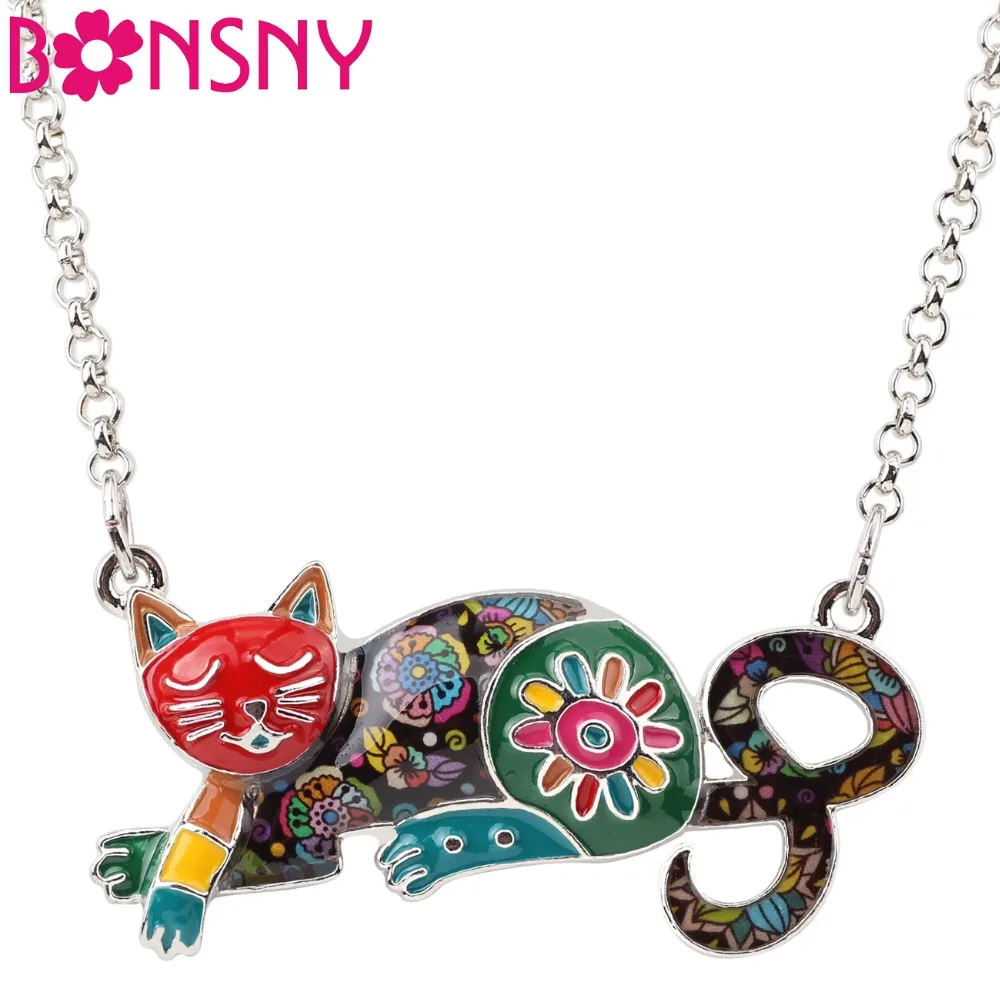 

Bonsny Enamel Statement Metal Chain Choker Cat Necklaces kitten Jewelry Pendants Collar 2017 News Fashion For Women Accessories