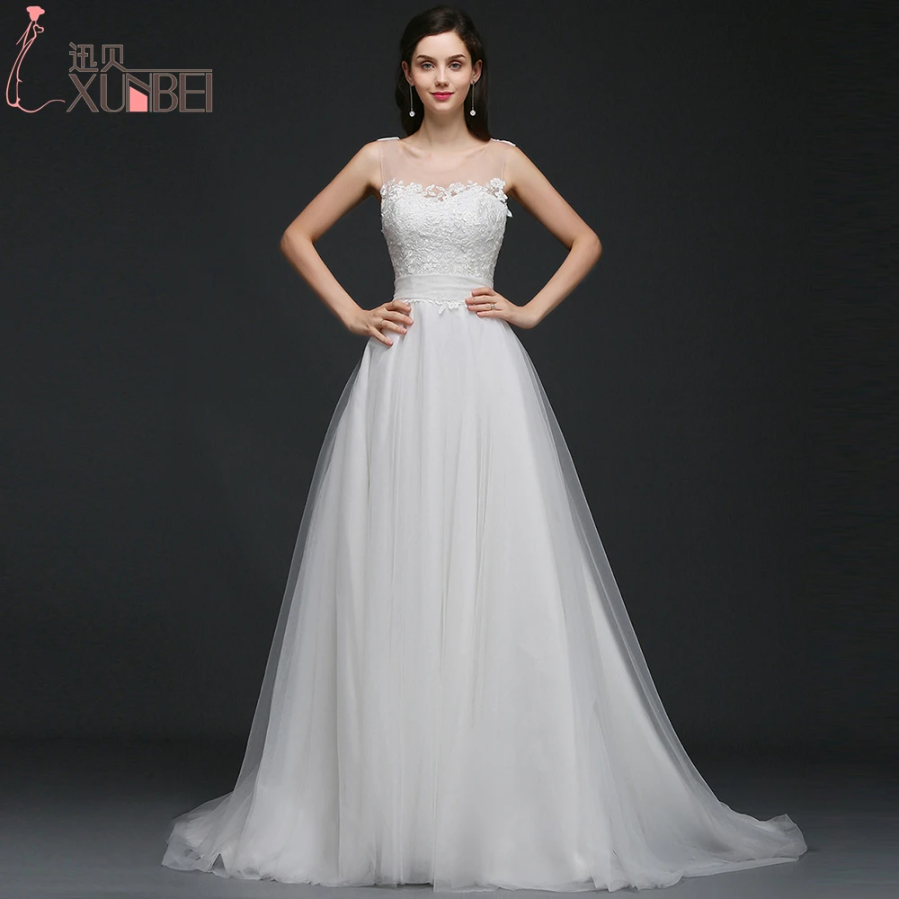 

Sheer O Neck A Line Wedding Dresses Tulle Shoulder Strap Robe De Mariage Floor Length Bow Belt Sleeveless Vestidos De Novia