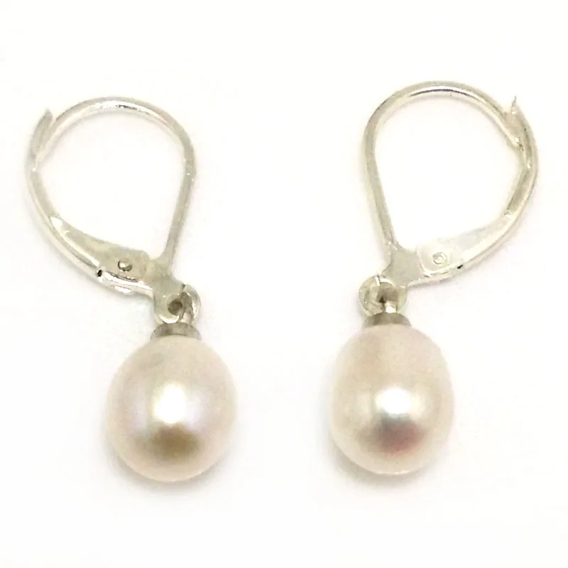 Wholesale 7-8mm Natural White Rainrdrop Pearl Silver Leverback Earring