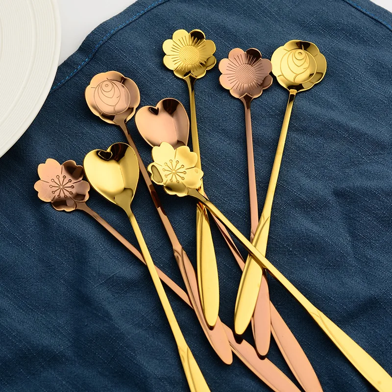 100pcs Stainless Steel Cherry Blossom Spoon With Long handle Flower Shape Tea Coffee Spoons Ice Cream Spoon Flatware 18cmx2.5cm