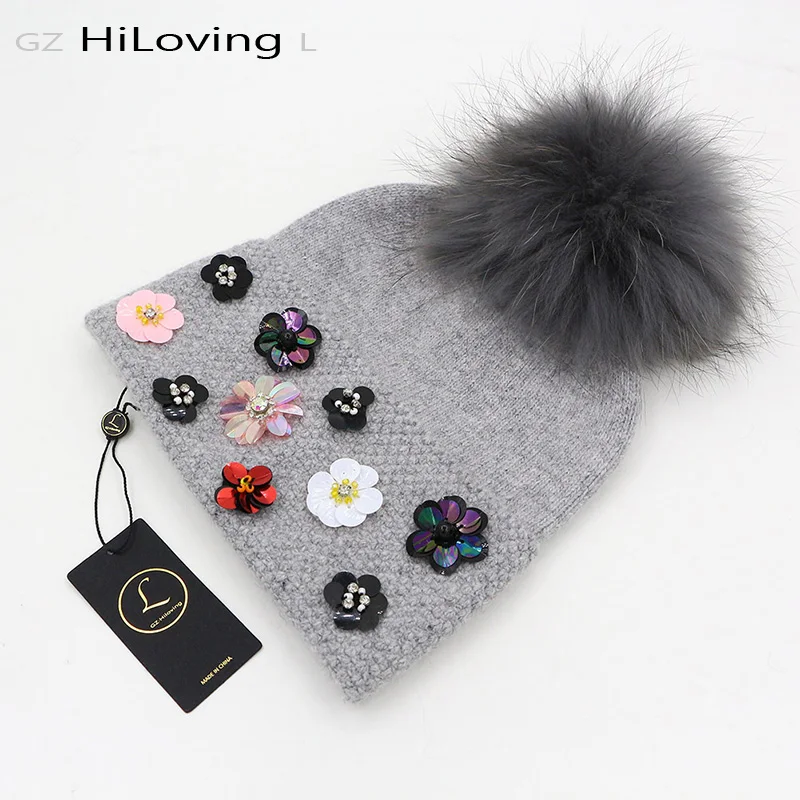 

New Design Winter Womens Wool Hat With Big Real Fur Pom Pom Knit Beanie Hats Soft Floral Pattern Skullies Caps For Women Ladies