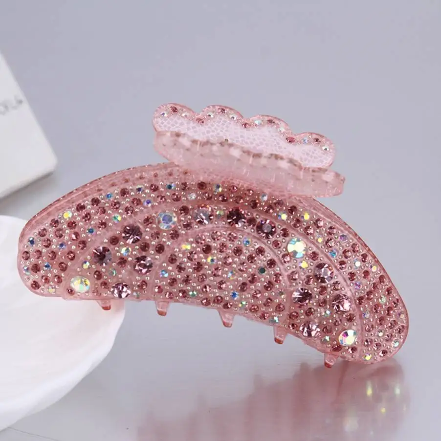 Women Elegant Acrylic Moon Shape Rhinestone Full Crystal Large Hair Claw Grips Ponytail Hairpins Accessories Headwear