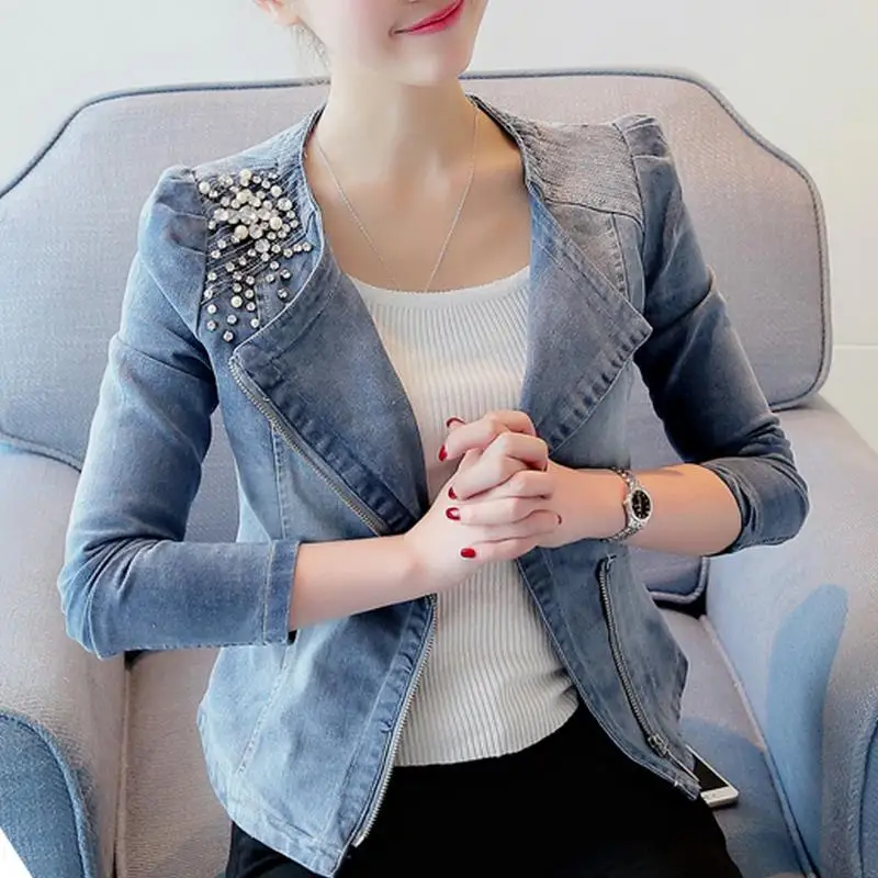 Women Denim Jackets Casual Slim Pearl Bead zipper Jeans Coat Female