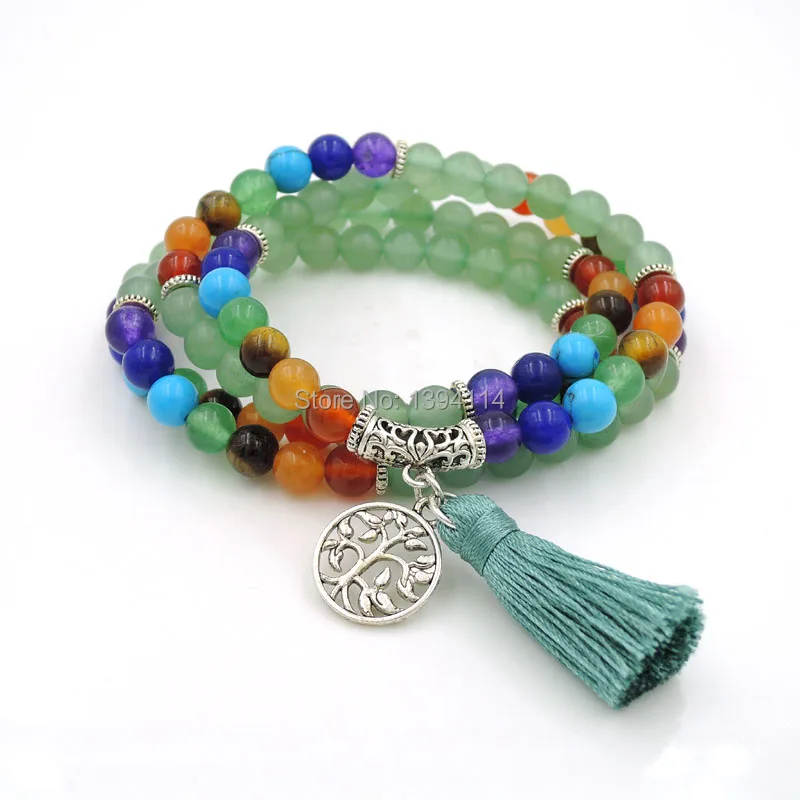 

Balance Combination Of Green Aventurine And Chakela Stone Elasticated Beaded Bracelet Tree Life Accessory With Tassel