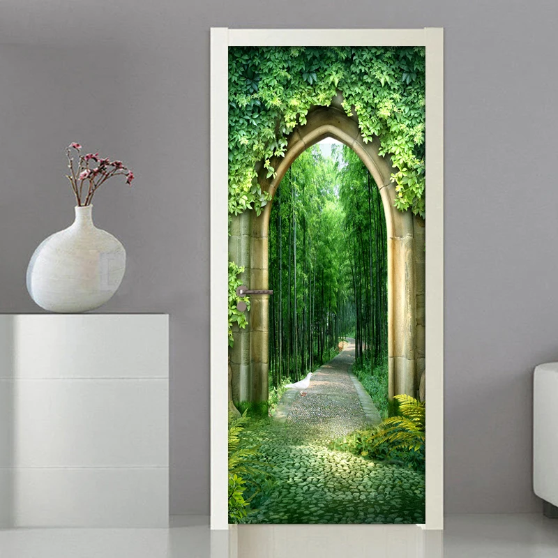 

3D Extended Space Bamboo Forest Small Road Scenery Poster Door Sticker PVC Creative DIY Self-adhesive Wall Mural Papel De Parede