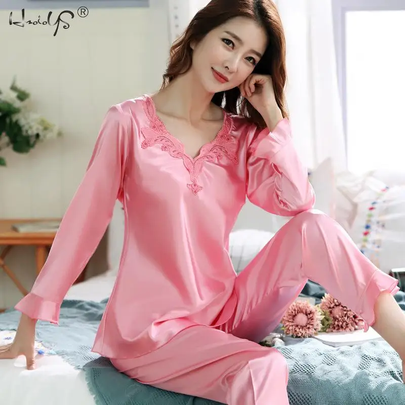 Women\'s Silk Satin Pajamas Set Lounge Pajama Sets Ladies Sexy Flower Lace Sleepwear Pyjamas Nightwear Pajama Suit Lingerie