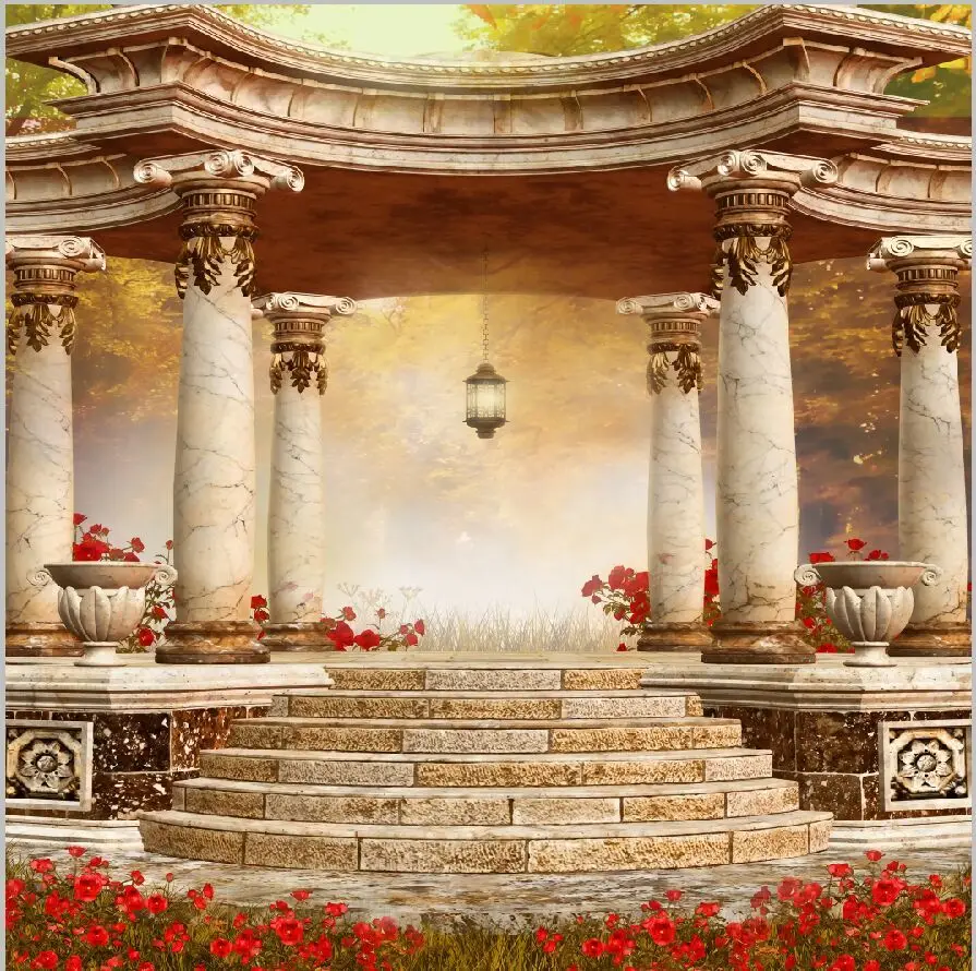 10x10FT Outdoor Vintage Pillars Court Pavilions Steps Forest View Custom Photography Studio Backdrop Background Vinyl 8x8 10x12