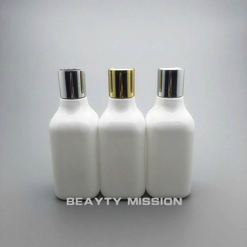 200ML 24pcs White Square Plastic Bottle With Gold/Silver Disc Top Cap,Shampoo/Lotion Packaging Bottle, Empty Cosmetic Container