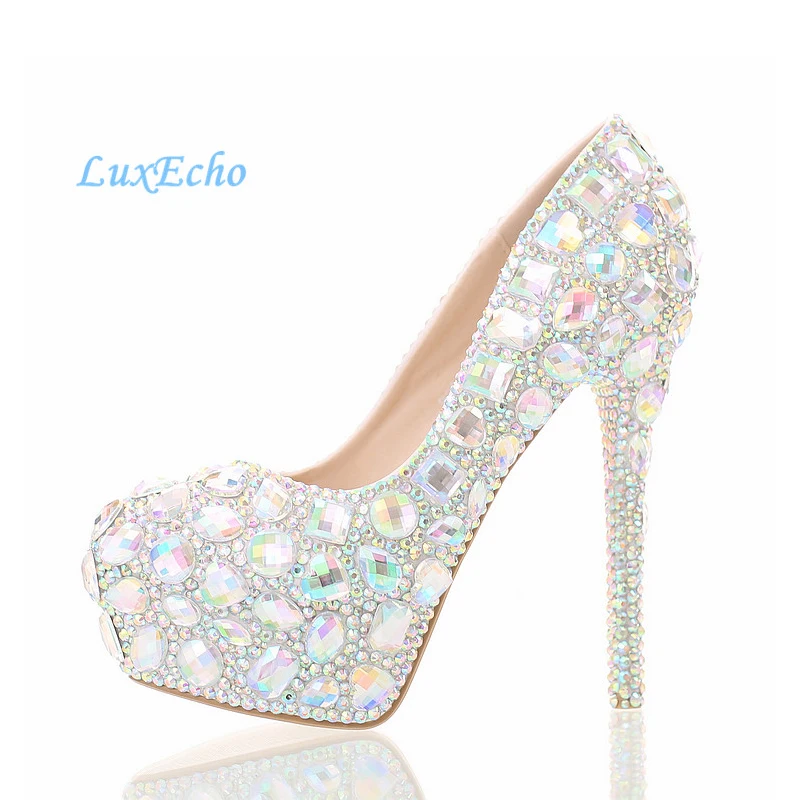 Love Moments AB Multicolored rhinestone Wedding shoes ultra high heel Platform shoes round toe bride shoes shallow big size shoe