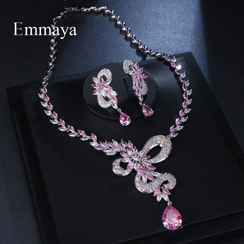 Emmaya Brand Fashion Water Drop Shape AAA Cubic Zircon Three Colors Crystal Earrings Necklace Set For Women Bride Jewelry Gift