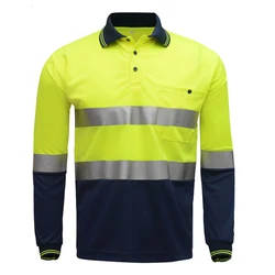 Hi Viz Safety Work polo shirt reflective High Visibility  Long Sleeve Polo workwear Shirt