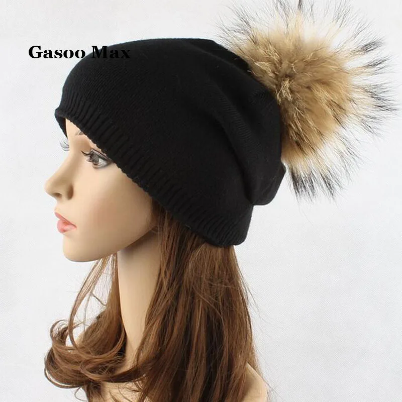 Autumn winter beanies hat Women knitted wool Skullies casual cap with real raccoon fox fur pompom girls ski gorros cap