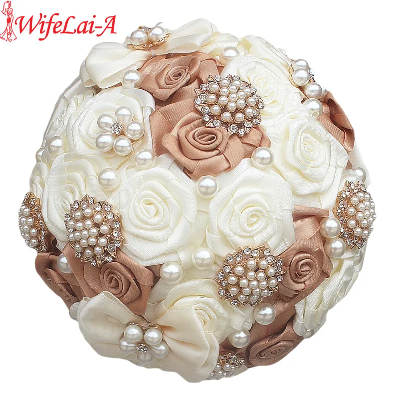 

WifeLai-A Custom Color Ivory Khaki Wedding Bouquet Crystal Pearl Beads Brooch Bouquet Bridal ramos de novia Wedding Flower