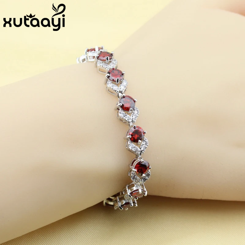 Made in China Red Stones Cubic Zirconia ,  Silver colorcolor Adjustable Chain-Link Bracelet Women Fashion Health Length 18+3cm