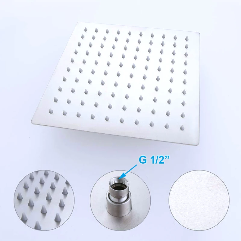 Brushed Nickel Stainless Steel Square Rainfall Shower Head Top Sprayer High Pressure Round & Square Ultra-Thin Showerheads 