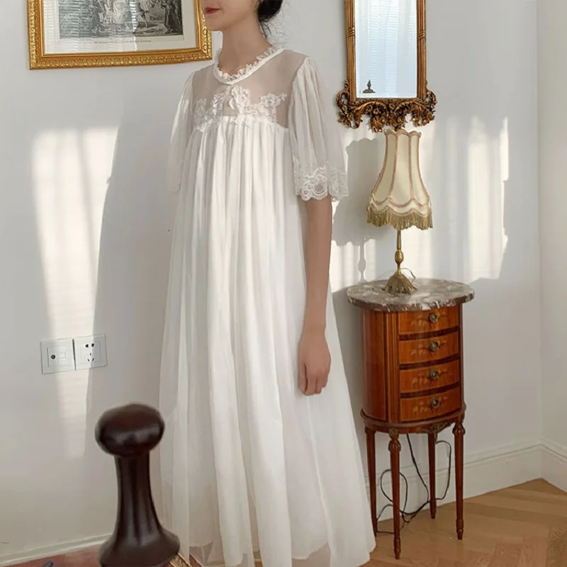 

Soft Gauze Modal Women's Nightgowns White Lace Gauze Long Sleepwear Elegant Female Vintage Princess Night Dress