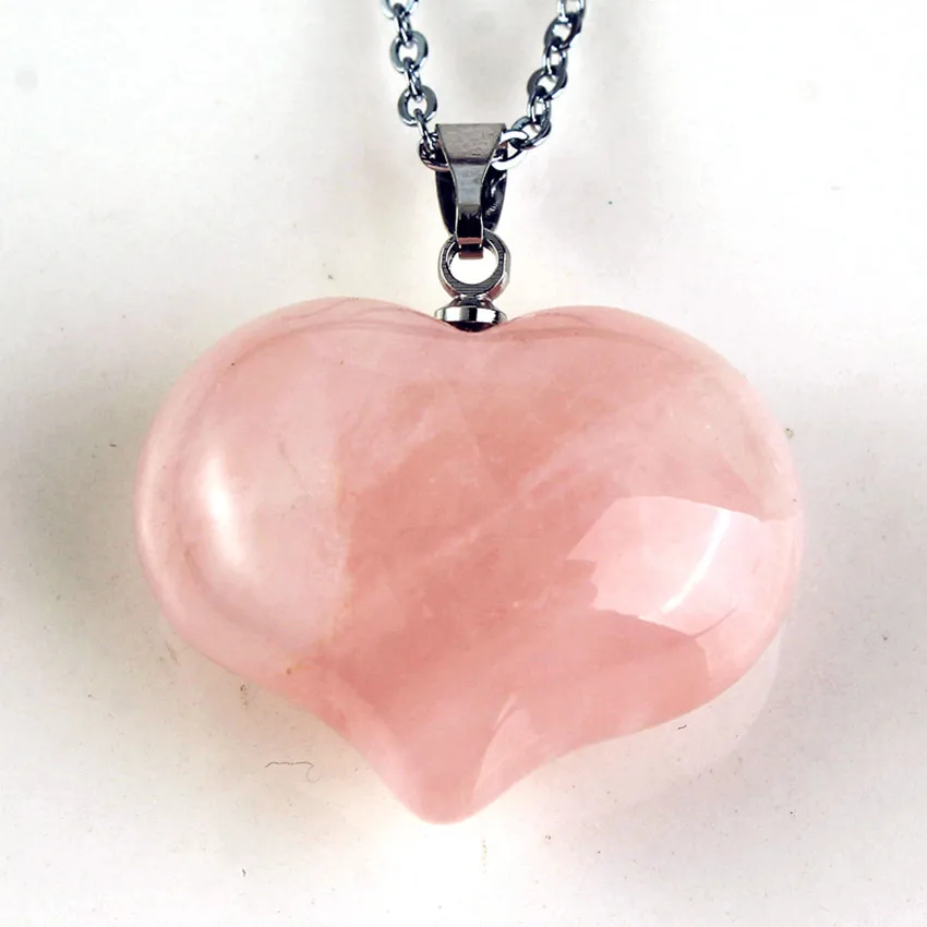 Silver Plated Pink Color Natural Rose Quartz Crystal Peach Heart Shape Stone Pendant Elegant Women Girls Jewelry No Chain