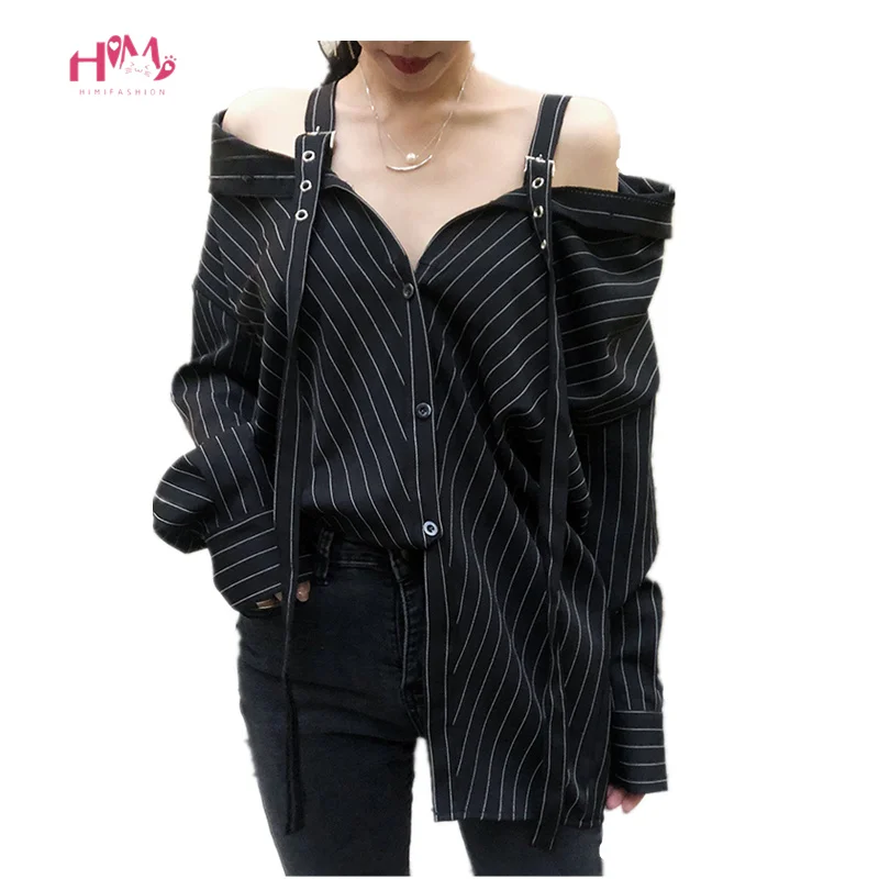 Blusa gótica de manga larga sin tirantes para mujer, Top Sexy de moda coreana, estilo Harajuku, Punk, Kpop a rayas, 2020