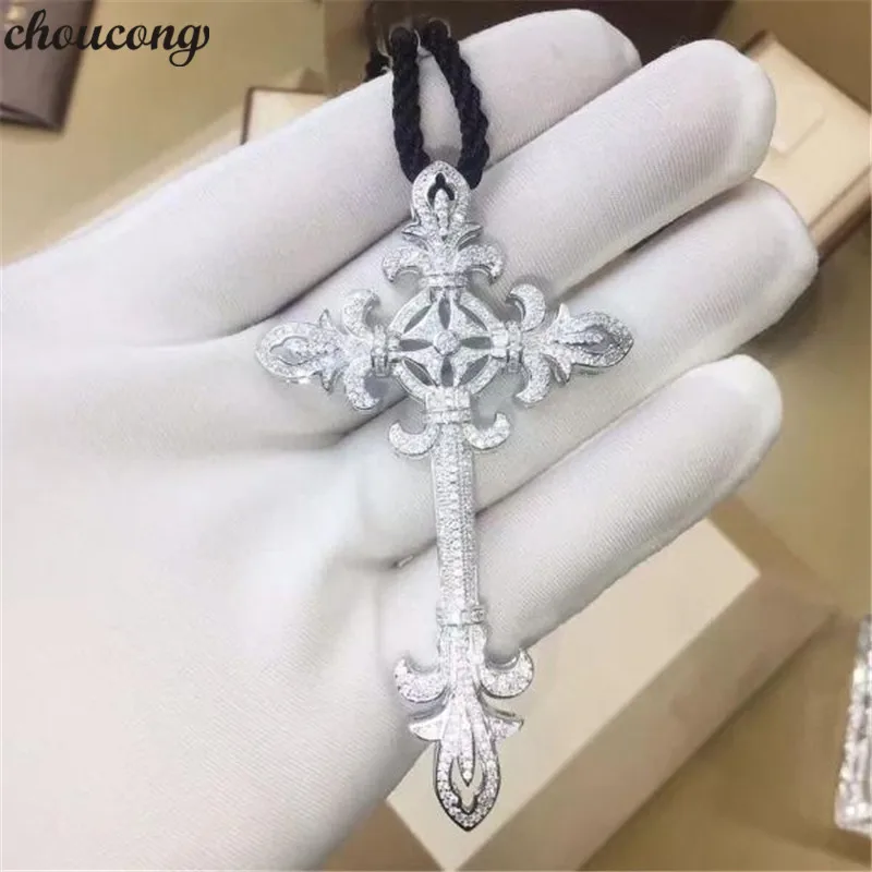 

choucong Big Flower Cross Pendant Pave Cz Stone 925 Sterling silver Cross Pendant Necklace for Women Men Party Wedding jewelry