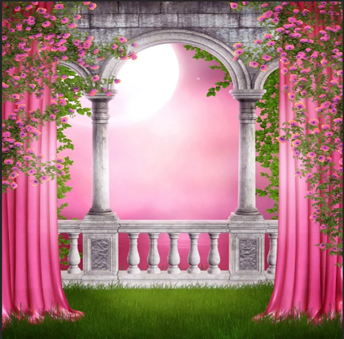 10x10FT Pink Curtain Garden Columns Wall Moon View Flowers Branch Custom Photo Studio Backdrops Backgrounds Vinyl 300cm x 300cm