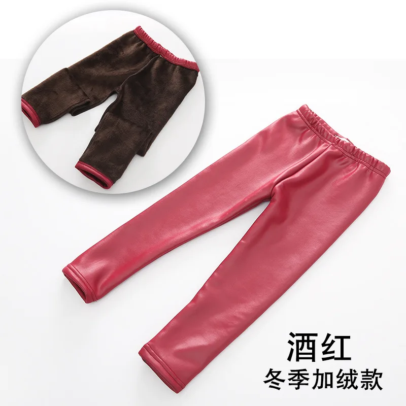 New Winter Girl Add Wool Imitation Leather Leggings Big girls Black Leggings Plush Leather Pants