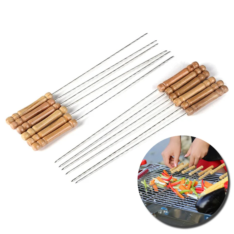 12pcs/lot 38cm/15''Wood BBQ Kebab Stick Metal bbq Skewers Wooden BBQ Skewers Barbecue Roasting Needle Grilling Kebob Skewer set